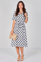 9Pcs White Polka Dot Short Sleeve Midi Dress