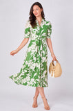 8Pcs Green Floral Print Tie Front Midi Dress
