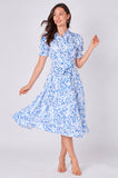8Pcs Blue Leaf Print Tie Waist Midi Dress