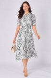 8Pcs Green Leaf Print Tie Waist Midi Dress