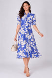 8Pcs Blue Floral Print Tie Front Midi Shirt Dress