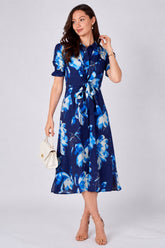 8Pcs Navy Blue Floral Print Tie Front Midi Shirt Dress