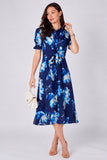 8Pcs Navy Blue Floral Print Tie Front Midi Shirt Dress