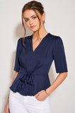 8Pcs Navy Short Sleeve Tie Front Satin Top