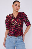8Pcs Deep Fuchsia Leopard Print Knotted Satin Top