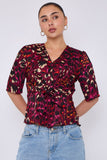 8Pcs Deep Fuchsia Leopard Print Knotted Satin Top