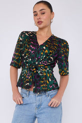 8Pcs Emerald Leopard Print Knotted Satin Top