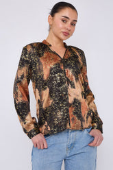 8Pcs Brown Abstract Print Gold Foil Splash Print Blouse