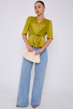 8Pcs Lime Green Short Sleeve Knotted Crepe Satin Top