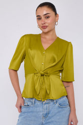 8Pcs Lime Green Short Sleeve Knotted Crepe Satin Top