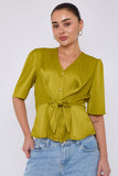 8Pcs Lime Green Short Sleeve Knotted Crepe Satin Top