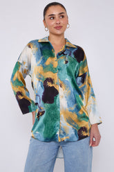 8Pcs Emerald and Mustard Watercolour Print Satin Shirt