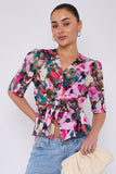 8Pcs Pink Roses Print Short Sleeve Knotted Top