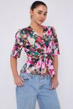 8Pcs Pink Roses Print Short Sleeve Knotted Top