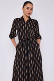 8Pcs Tan Chevron Print Half Sleeve Black Midi Shirt Dress