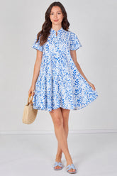 8Pcs Sky Blue Leaf Print Tiered Mini Dress