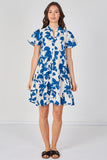 8Pcs Blue Floral Print Short Sleeve Flared Mini Dress