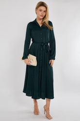 8Pcs Emerald Layer Satin Long Sleeve Maxi Shirt Dress