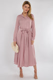 8Pcs Pink Layer Satin Long Sleeve Maxi Shirt Dress