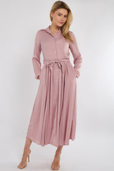 8Pcs Pink Layer Satin Long Sleeve Maxi Shirt Dress
