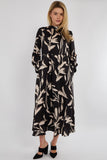 6Pcs Black Brushstroke Print Pleated Skirt Satin Maxi Dress