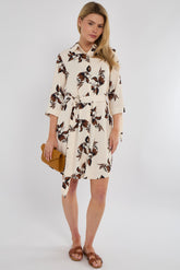 8Pcs Brown Leaf Print Half Sleeve Mini Shirt Dress