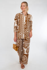 6Pcs Tan and Cream Tropical Patch Print Co-Ord Set