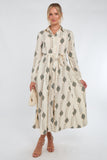 8Pcs Cream and Olive Boho Print Maxi Shirt Dress