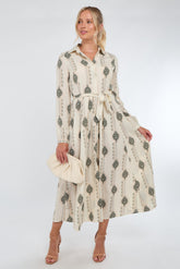 8Pcs Cream and Olive Boho Print Maxi Shirt Dress