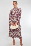6Pcs Dusky Purple Leaf Print Pleated Skirt Maxi Dress