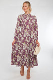 6Pcs Dusky Purple Leaf Print Pleated Skirt Maxi Dress