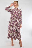 6Pcs Dusky Purple Leaf Print Pleated Skirt Maxi Dress