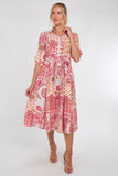 8Pcs Pink Tile Print Half Sleeve Midi Shirt Dress