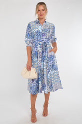 8Pcs Blue Tile Print Half Sleeve Midi Shirt Dress
