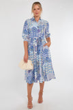 8Pcs Blue Tile Print Half Sleeve Midi Shirt Dress