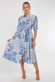 8Pcs Blue Tile Print Half Sleeve Midi Shirt Dress