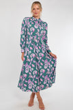 6Pcs Teal and Lilac Leaf Print Pleated Skirt Maxi Dress