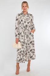 8Pcs Cream and Black Paisley Print Maxi Shirt Dress