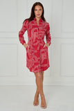 8Pcs Crimson and White Geometric Print Mini Shirt Dress
