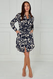 8Pcs Navy and Cream Abstract Floral Print Mini Shirt Dress
