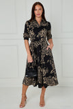 8Pcs Black and Beige Rose Print Midi Shirt Dress
