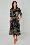 8Pcs Black and Beige Rose Print Midi Shirt Dress
