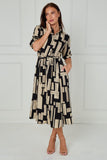 8Pcs Black and Stone Geometric Stripe Print Midi Shirt Dress