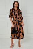 8Pcs Black and Tan Geometric Stripe Print Midi Shirt Dress