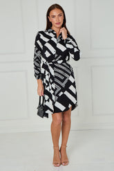 8Pcs Black and White Abstract Patchwork Print Mini Shirt Dress