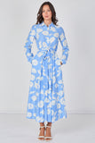 8Pcs Sky Blossom Printed Belted Maxi Shirt Dress