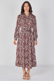 8Pcs Burgundy Paisley Floral Print Belted Maxi Shirt Dress