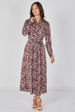 8Pcs Burgundy Paisley Floral Print Belted Maxi Shirt Dress