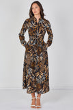 8Pcs Black Botanical Print Belted Maxi Shirt Dress