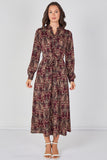8Pcs Burgundy Paisley Print Belted Maxi Shirt Dress